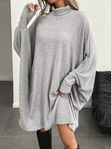 Elegant oversized grey knit dress with high collar and loose batwing long sleeves