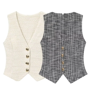 Gilets en tweed pour femmes avec col en V en beige et gris foncé et boutons dorés