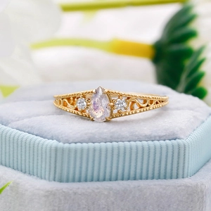 Retro S925 silver 14k gold pear cut labradorite ring with hollow filigree accents