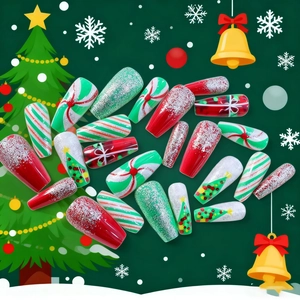 Christmas glitter press-on nails with red green candy cane and Christmas tree designs