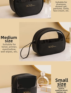 Three sizes of black PU and transparent PVC makeup bags with golden zippers and handles