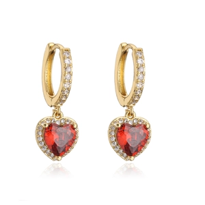 Detailed view of gold hoop earrings with sparkling red micro-pave heart pendants