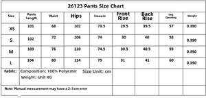 Detailed size chart for wide-leg pants showing waist, length, and polyester fabric specs