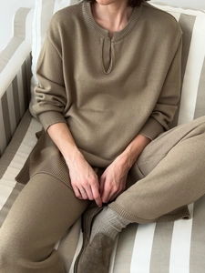 Ensemble tricot deux pièces kaki pour femme avec cardigan et pantalon large