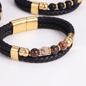 Men's braided leather bracelet with natural stone beads and gold magnetic clasp