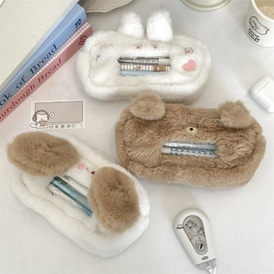 Cute plush animal pencil case with transparent window for school supplies storage