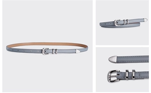Detailed views of a blue thin leather belt featuring silver metal buckle and metal tip