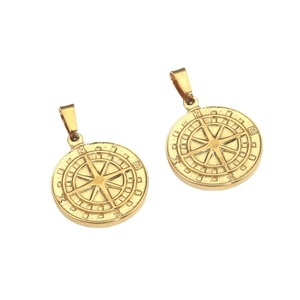 Pair of gold stainless steel compass pendants with N E S W engraving on white background