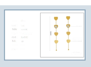 Detail view of 90mm 18K gold plated heart tassel earrings with zircon specifications