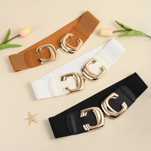 Elastic wide belt with gold C-shape metal buckle in black, white and brown colors