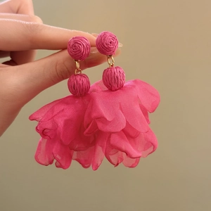 Elegant handmade pink chiffon flower drop earrings with raffia accents for beach vacation
