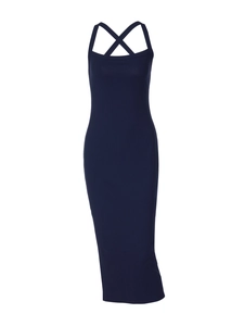 Slim fit navy blue midi dress with cross back straps and ribbed knit texture