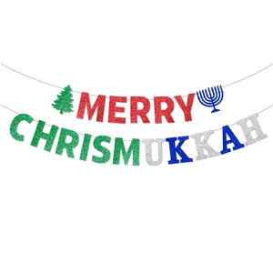 Bannière pailletée Merry Chrismukkah avec lettres colorées pour décoration de fête