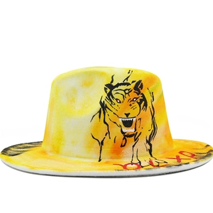 Chapeau Fedora Large Bord Coton Polyester Graffiti Peint À La Main Motif Tigre Streetwear Jazz Artistique Unisexe