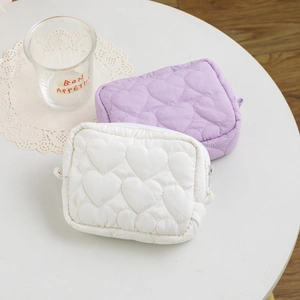 Quilted heart candy color makeup bag set for students in soft lilac and white colors