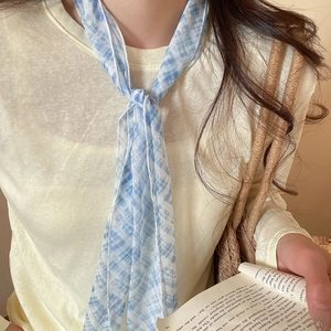 Detail view of a pastoral style blue and white checkered mesh scarf necklace on a model