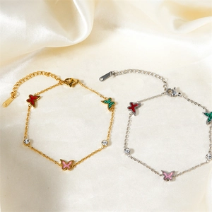 Fashionable Stainless Steel Butterfly Bracelet For Women Colorful Enamel Charm Rhinestone Link Chain Adjustable Jewelry