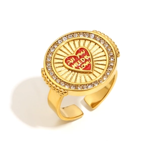 18K gold-plated stainless steel ring with red heart, zircon stones, and love engraving