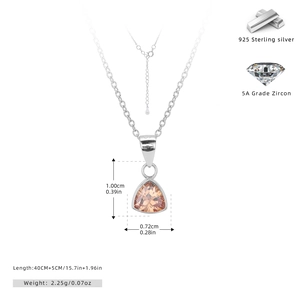 Detail of S925 sterling silver necklace with triangular champagne zircon and size specs