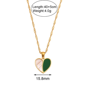 Gold stainless steel heart pendant necklace with pink shell and dark green splicing