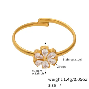 Detail of 18k gold plated stainless steel floral ring with 5A zircon inlay and size info