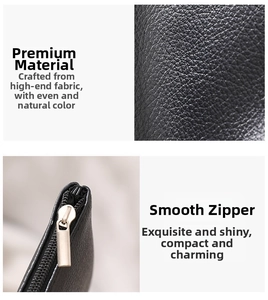 Close-up of litchi grain PU leather texture and smooth metal zipper on black makeup bag