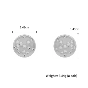 Detailed view showing dimensions of 1.43cm for silver round stud earrings with cubic zirconia