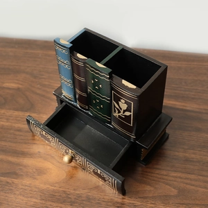 Organisateur de bureau livre vintage avec porte-stylos et tiroir de rangement