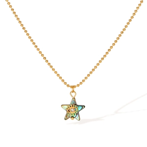 Star-shaped necklace with abalone shell inlay and evil eye crystal on gold bead chain