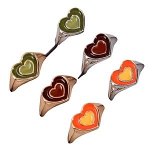 Set of 6 double-layer heart enamel rings in assorted colors and metallic finishes