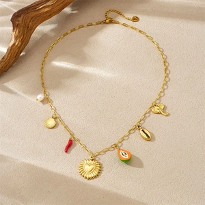 Gold stainless steel necklace with sun heart, papaya, elephant and shell charms