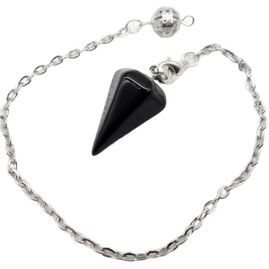 Poliertes schwarzes Obsidian-Pendel in Kegelform mit silberner Metallkette für Wünschelrute