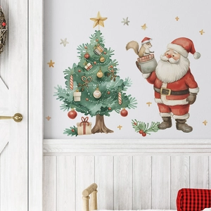 Detailed watercolor Christmas tree and Santa Claus wall sticker in a cozy room setting