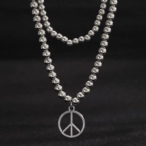 Double-layer silver beaded necklace with a peace sign pendant for men hip-hop style