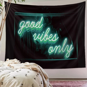 Detail of Good Vibes Only neon wall tapestry showing fabric texture and vibrant green text