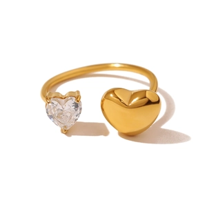 Minimalist stainless steel open ring with heart zircon and pearl in golden finish