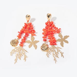Heavy-duty stainless steel ocean tassel earrings with coral beads, starfish, and sea shells
