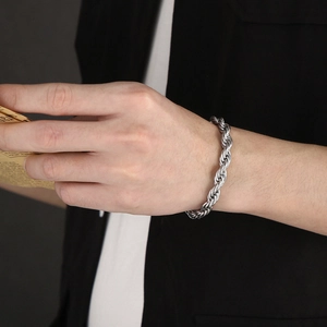 6mm silver stainless steel twisted rope chain bracelet worn on a man wrist style