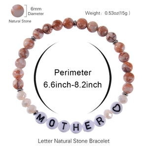 Natural stone bead bracelet with MOTHER letter charms on clean white background