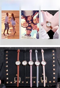 Detailed view of GEDI minimalist quartz watch collection with thin leather straps in five colors