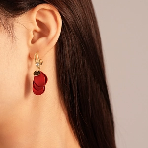 Frosted red petal geometric earrings with crystal stone and gold hoop for women