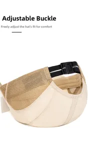 Detail of adjustable nylon buckle on breathable mesh back of beige baseball cap