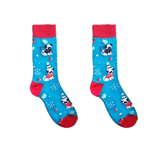 Detail of blue cotton socks with cartoon dogs and red accents for Christmas