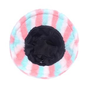 Detailed top view of colorful striped plush bucket hat with soft faux fur and black lining