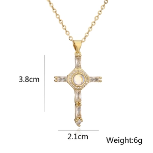 Detail view of 18K gold plated cross pendant with zircon stones showing 3.8cm height dimensions