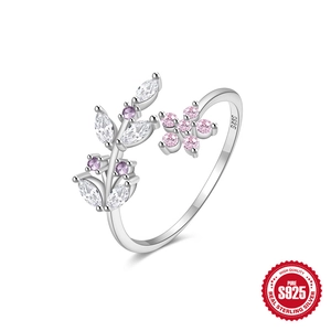 925 sterling silver open ring with marquise zircon leaves and pink flower accents