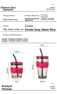 Size chart showing 350ml and 450ml glass straw cups with detailed height and diameter metrics