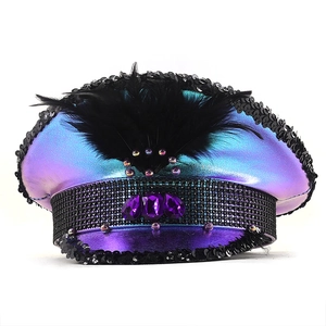 Sparkly purple sequin captain hat with rhinestones and black feathers for party festivals
