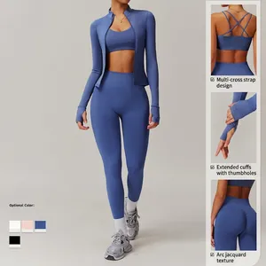 Three-piece yoga set with zip-up jacket, cross-back bra and high waist leggings