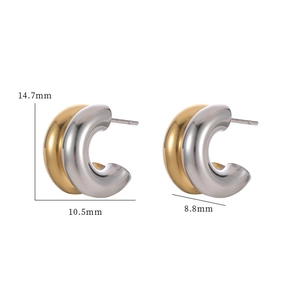 Two-tone C-shape metal stud earrings in gold and silver finish with size dimensions